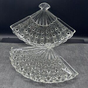 Vtg Indiana Glass Daisy Button Fan Shaped Pressed Glass Relish Candy Dishes Set